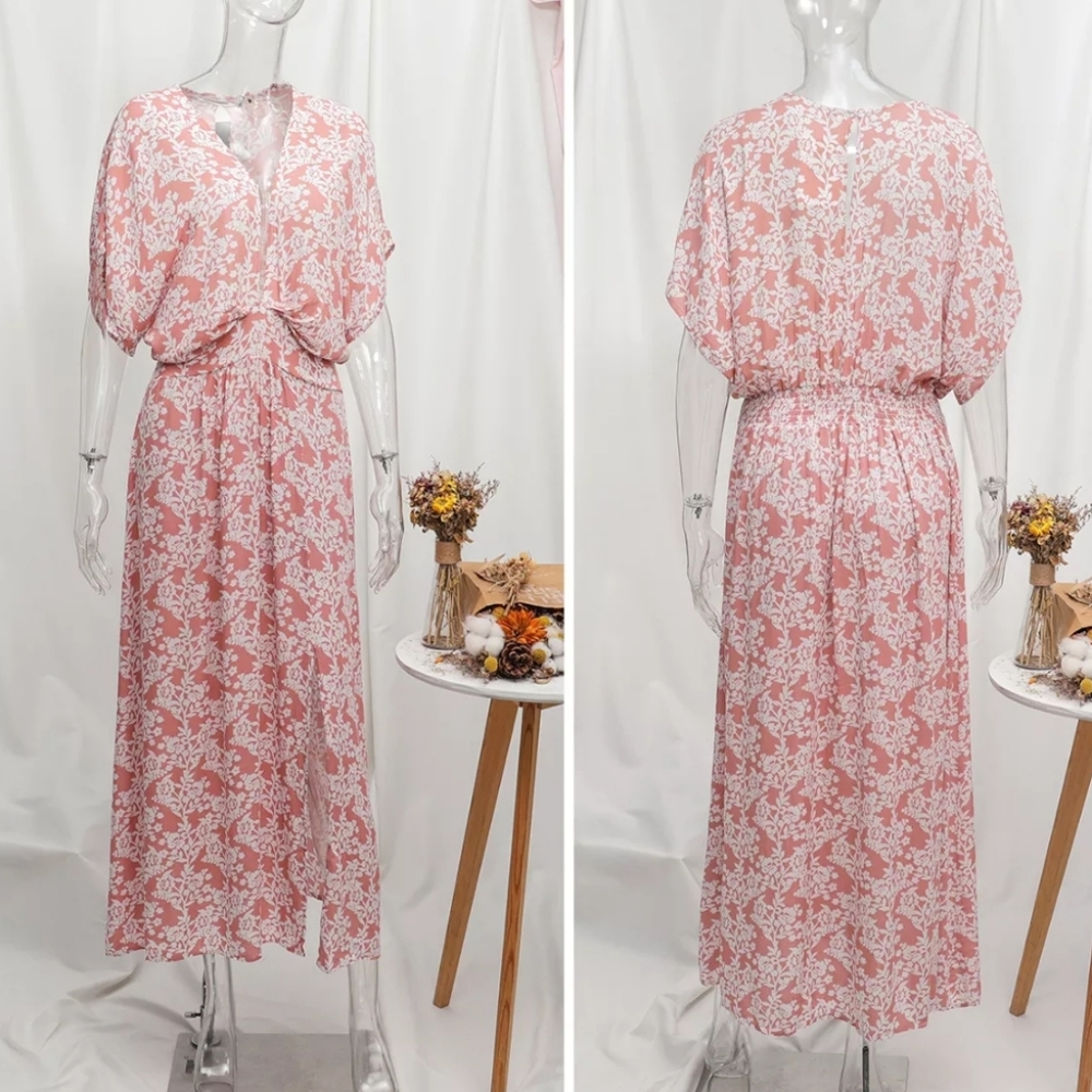 Floral Split Back V-neck Front Slit Cotton Boho Maxi Dress - Picture 8 of 16